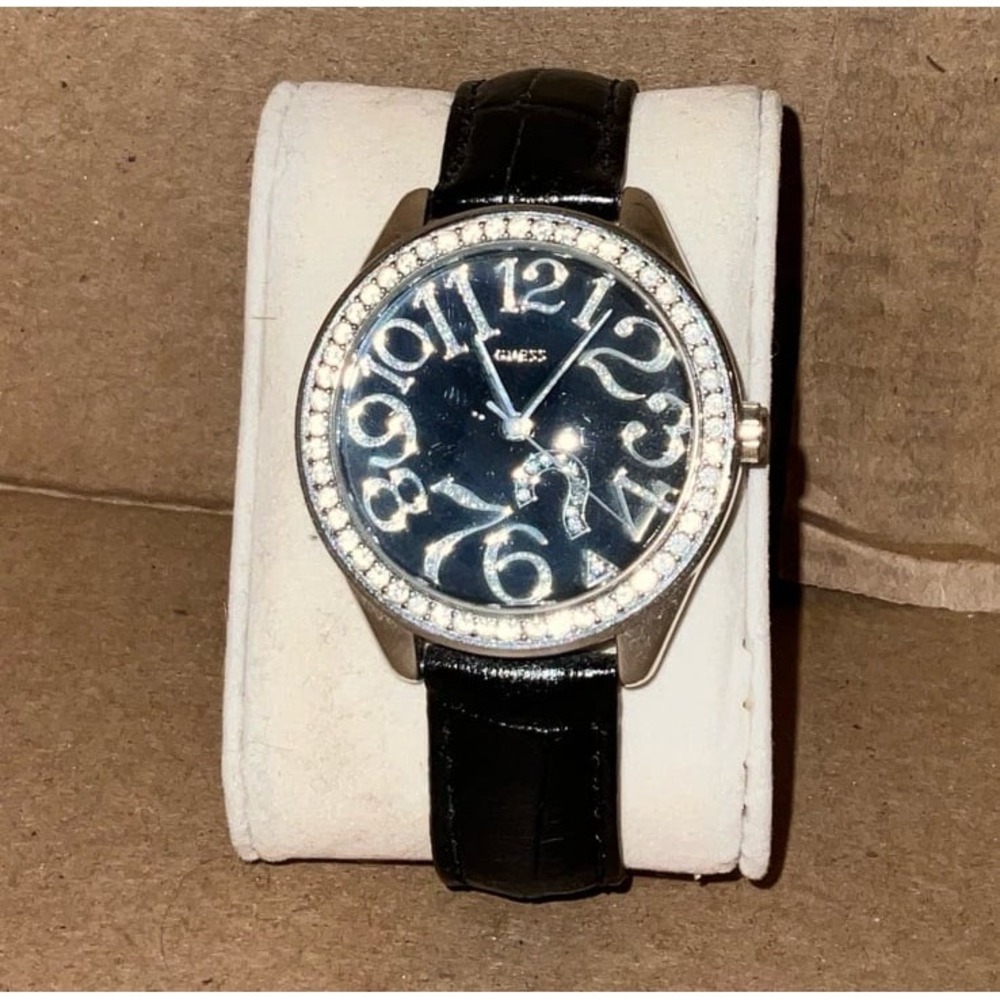 Guess Womens Watch Black Faux Leather Band Y2K Crystal‎ Bezel fashionable